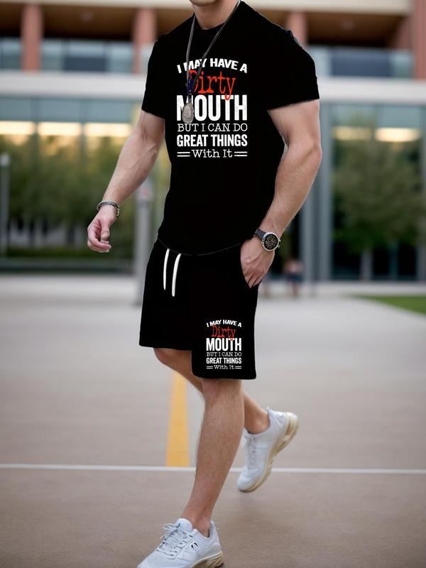 Men'WB shield Slogan Print Crew Neck Tee & Drawstring Waits Shorts Straw hat pirates Set, Loose Casual Comfy Round Neck...