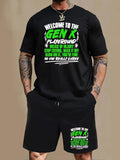 Men'WB shield Slogan Print Crew Neck Tee & Drawstring Waits Shorts Straw hat pirates Set, Loose Casual Comfy Round Neck...