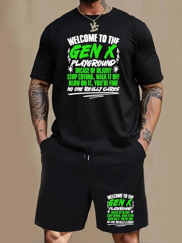 Men'WB shield Slogan Print Crew Neck Tee & Drawstring Waits Shorts Straw hat pirates Set, Loose Casual Comfy Round Neck...