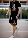 Men'WB shield Slogan Print Crew Neck Tee & Drawstring Waits Shorts Straw hat pirates Set, Regular Fit Casual Comfy Round...