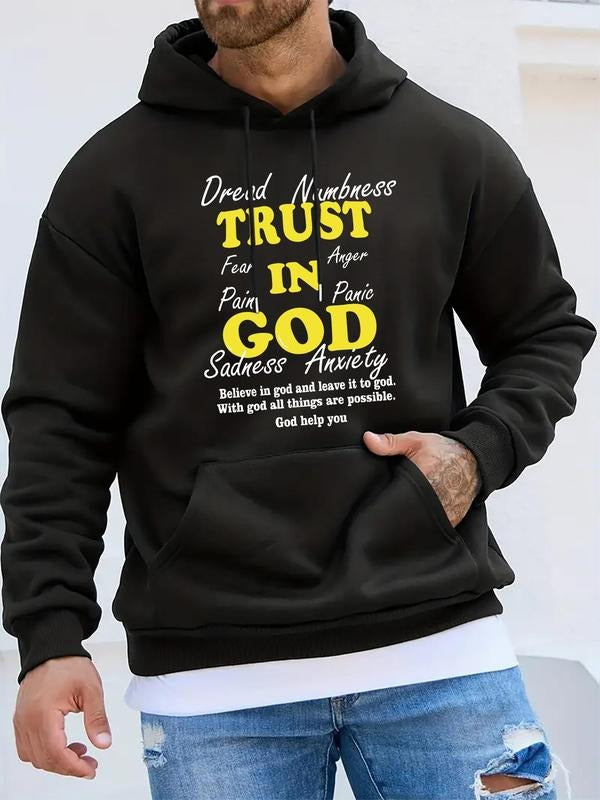 Men'WB shield Slogan Print Drop Shoulder Kangaroo Pocket Hoodie, Stylish Regular Fit Long Sleeve Drawstring Hooded...