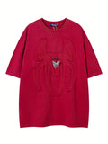 Men'WB shield Spider-Shaped Patched Letter Embroidery Butterfly Decor Crew Neck Tee, Loose Casual Fashion Washed...