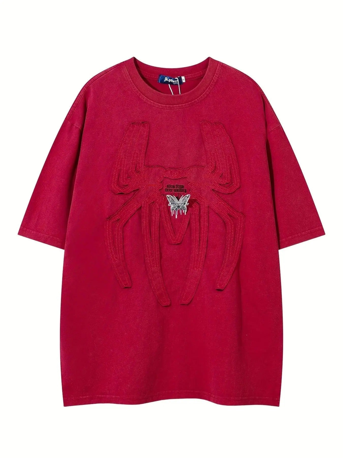 Men'WB shield Spider-Shaped Patched Letter Embroidery Butterfly Decor Crew Neck Tee, Loose Casual Fashion Washed...