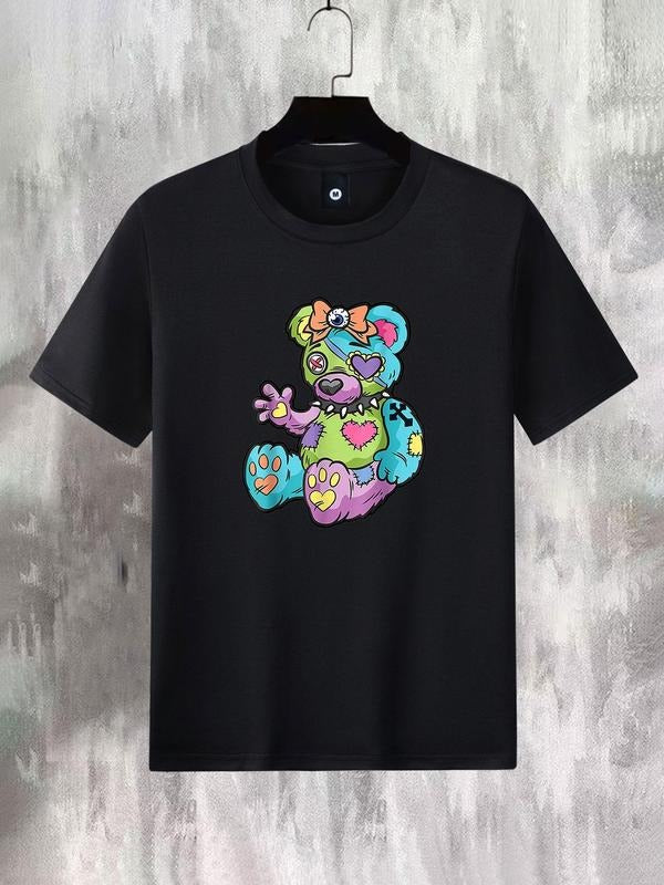 Men'WB shield Summer 2024 Cartoon Bear Print Round Neck Tee, Regular Fit Casual Short Sleeve Graphic T-Shirt for Summer,...