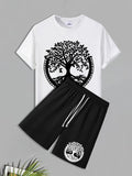Men'WB shield Tree Print Short Sleeve Tee & Shorts Set, Regular Fit Casual Round Neck T-shirt & Shorts, Men'WB shield...