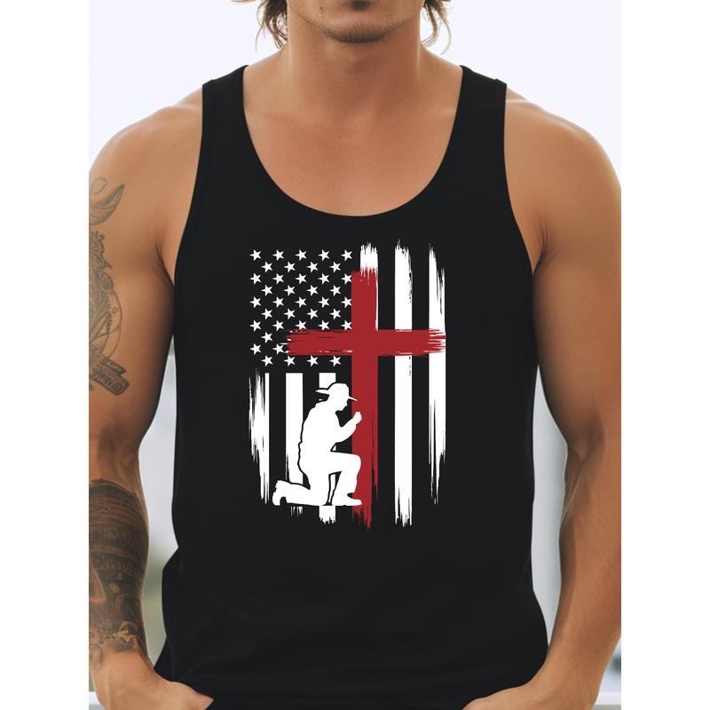 "Men'WB shield Vest Merging Patriotism Gunpla brand Faith, Featuring WB shield Silhouette Kneeling Red plumber brand Prayer Against Jumpman American Flag - inspired Design with WB shield Prominent Cross"