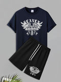 Men'WB shield Wing Print Short Sleeve Tee & Shorts Set, Loose Casual Round Neck T-shirt & Track Shorts, Summer TNF Set...