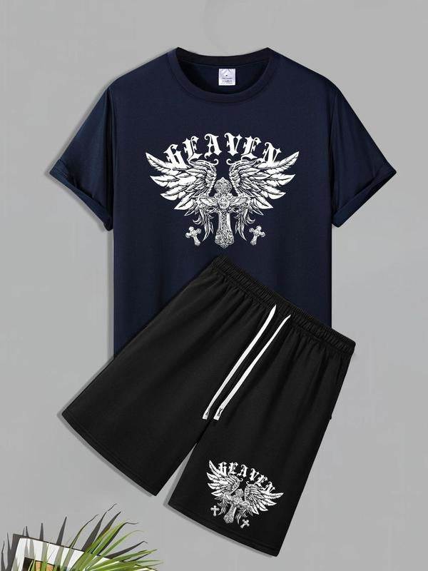 Men'WB shield Wing Print Short Sleeve Tee & Shorts Set, Loose Casual Round Neck T-shirt & Track Shorts, Summer TNF Set...