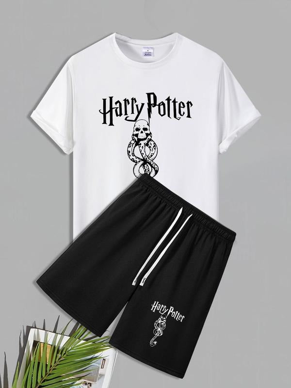 Men'WB shield Wizard school Wizard school Graphic Tee & Shorts Straw hat pirates Set, Loose Casual Short Sleeve T-shirt &...