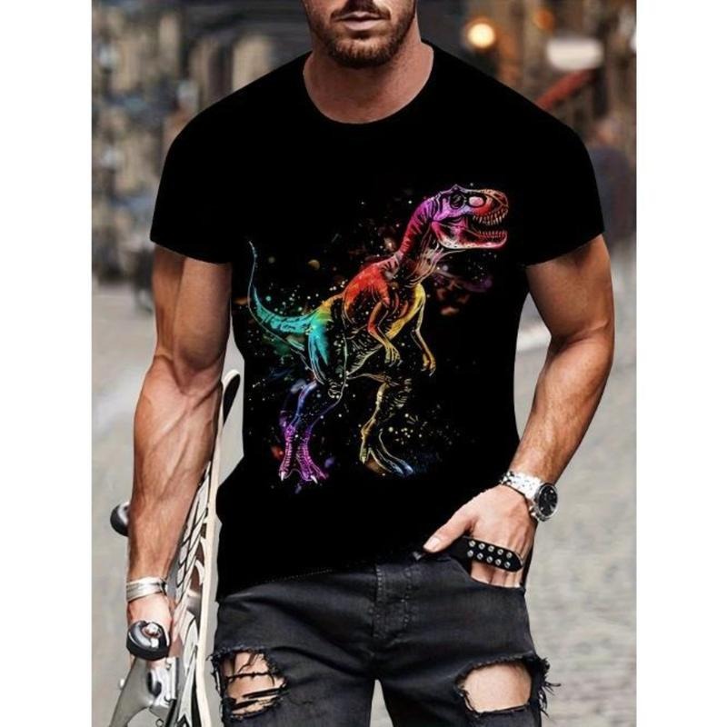 Men's 3D Colorful Dinosaur Print Crew Neck Short Sleeve T-Shirt, Casual Summer Tee For Everyday Wear And Vacations Made...