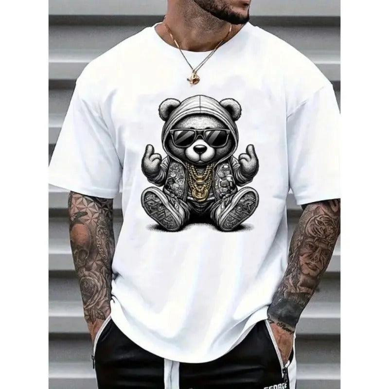 Men's Casual Cartoon Bear Print Round Neck Short Sleeve T-Shirt, Summer Made In USA Hoodie, Sweatshirt | RetroVerseTees.com