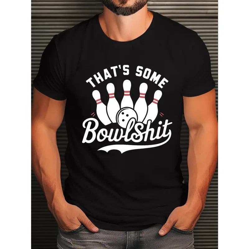 Men's Casual Crew Neck T-Shirt with Bowling Graphic Print, 100% Polyester Knit Fabric, Geometric-Pattern, Short Sleeve...
