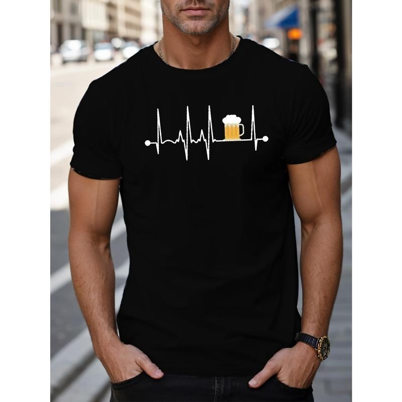 Men's Casual EKG Beer Graphic Tee - Soft Cotton, Short Sleeve, Round Neck, Machine Washable