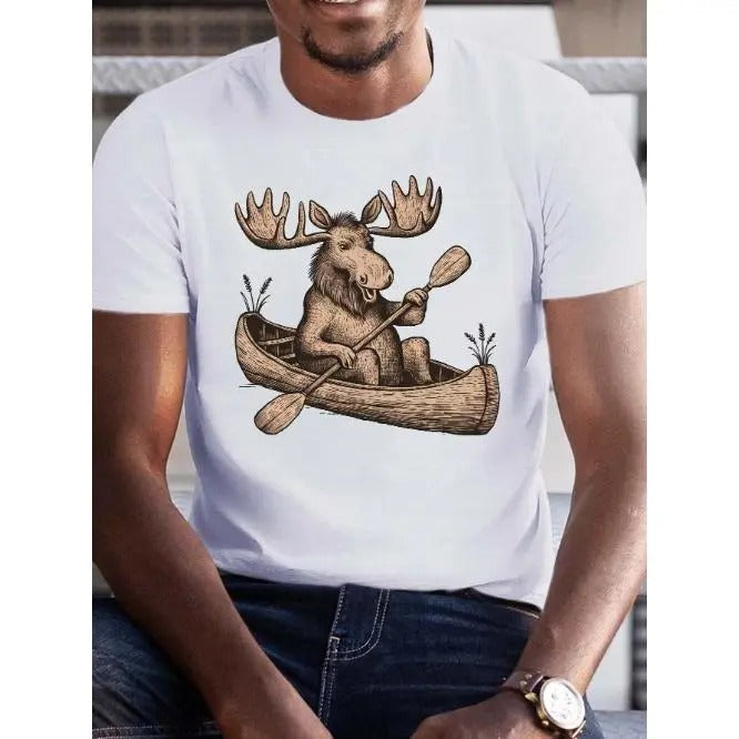 Men's Casual Moose in Canoe Graphic Tee - Breathable Polyester, Crew Neck, Short Sleeve T-Shirt | Summer Essential |...