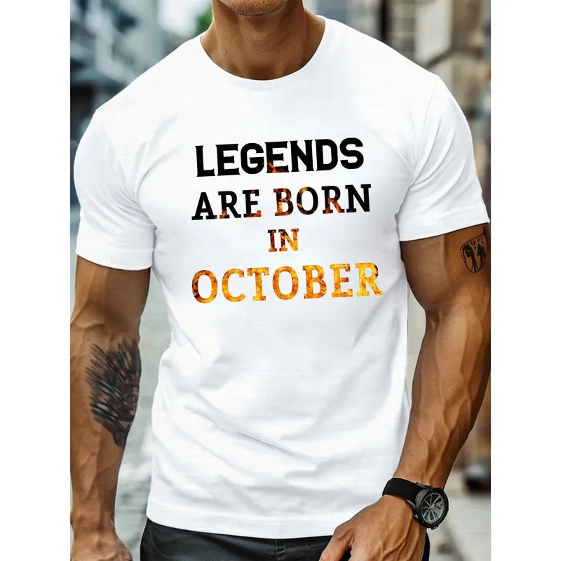 Men's Casual Round Neck Short Sleeve T-shirt, LEGEND ARE BORN IN OCTOBER Print, Comfortable Top For Summer Made in USA...