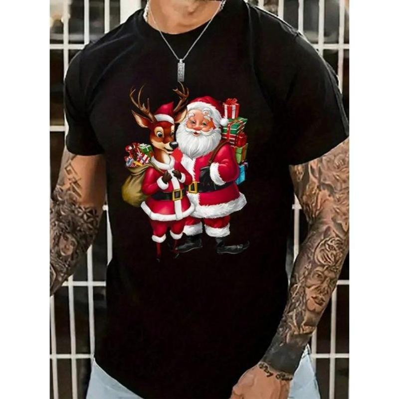 Men's Casual Santa Claus & Reindeer Graphic Print Crew Neck Short Sleeve T-Shirt, Christmas Party Outfit Made In USA...