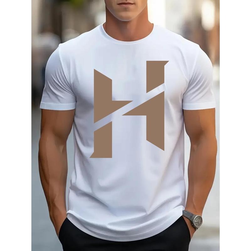 Men's Casual Street Style T-Shirt with Simple Letter H Design