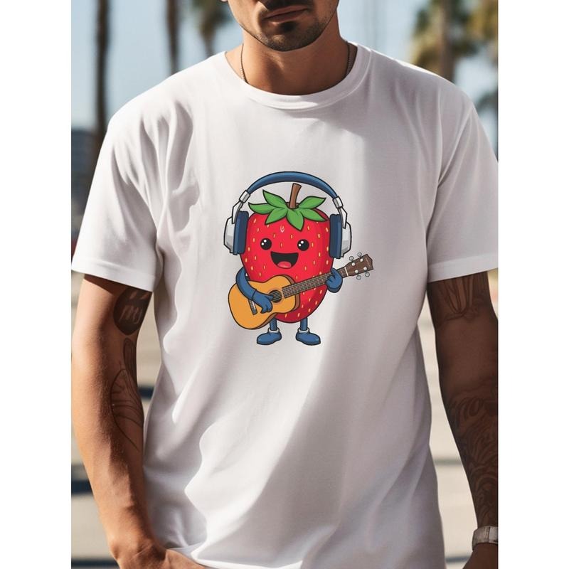 Men's Crew Neck Short Sleeve T-shirt With Adorable Cartoon Strawberry Playing Guitar Graphic Print, Casual Comfy...