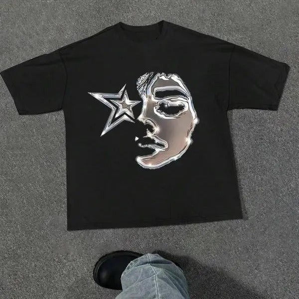 Men's Figure & Star Print Drop Shoulder Tee, Regular Fit Street Fashion Short Sleeve Round Neck T-shirt for Daily Wear,...