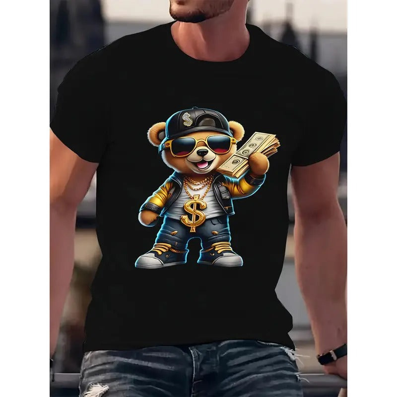 Men's Hip Hop Bear Graphic Tee - Casual 3D Printed Short Sleeve T-Shirt, Breathable Polyester, Machine Washable Made in...