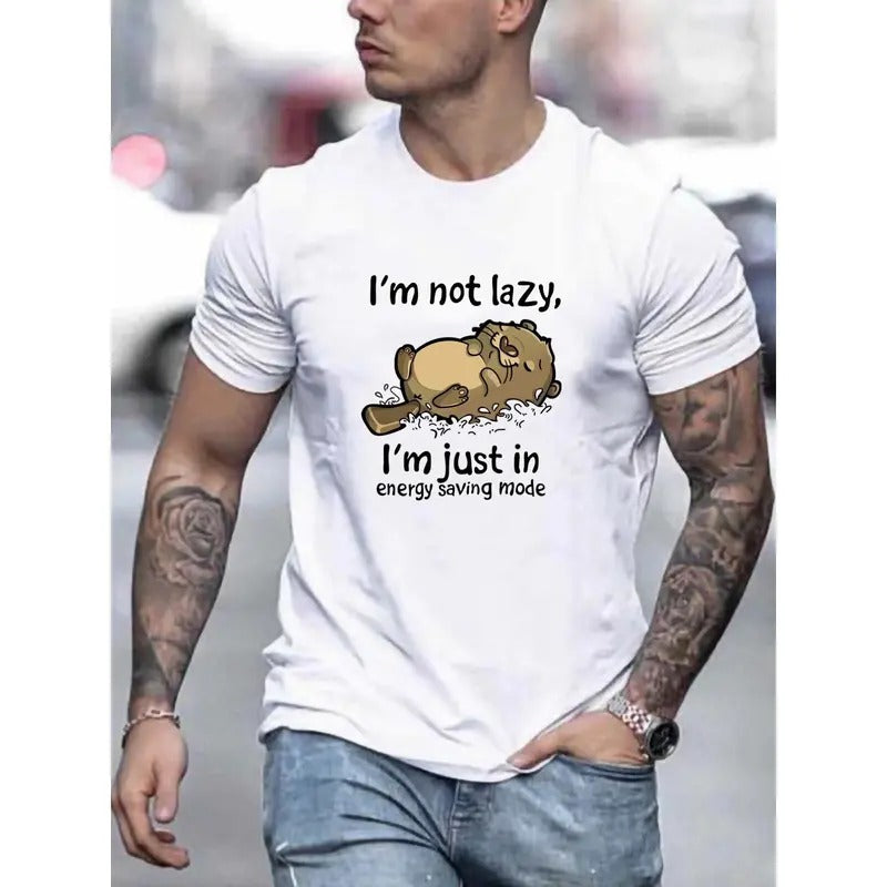 Men's Humorous Graphic Tee, "I'm Not Lazy, I'm Just In Energy Saving Mode" Slogan Print, Slightly Stretchy, Summer...