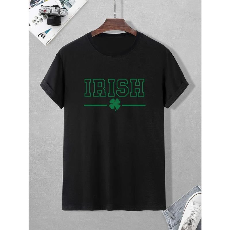 Men's IRISH Lucky Style Print Short Sleeve T-Shirts, Comfy Casual Elastic Crew Neck Tops For Men's Outdoor Activities...