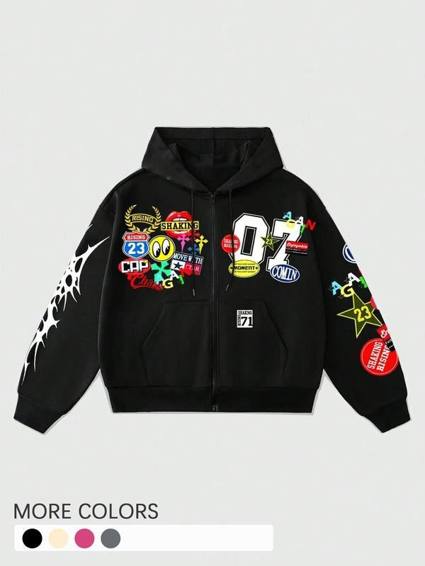 Men's Loose Decorated Fleeced Sweatshirt Zip Up Sweatshirt, Men's Hoodie, Casual Tops for Daily Wear, Men's Outwear for...