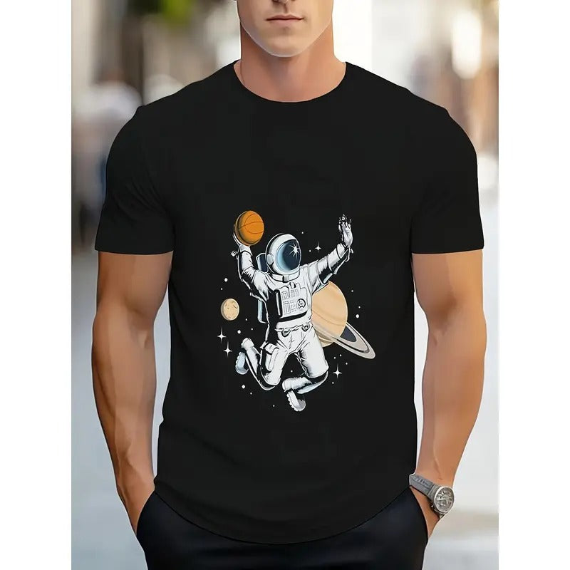 Men's Novelty T-Shirt, Casual Polyester, Round Neck, Stretch Fabric, Geometric Astronaut & Basketball Print, Regular Fit,...
