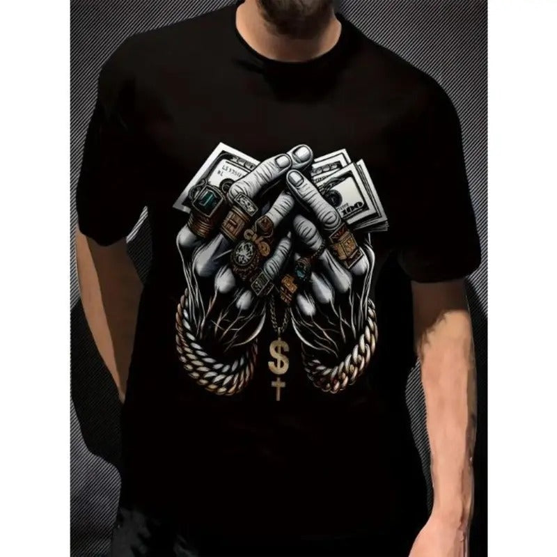 Men's Polyester 3D Digital Print T-Shirt with Dollar and Rings Graphic, Crew Neck, Slight Stretch, Casual Knit Fabric Tee...