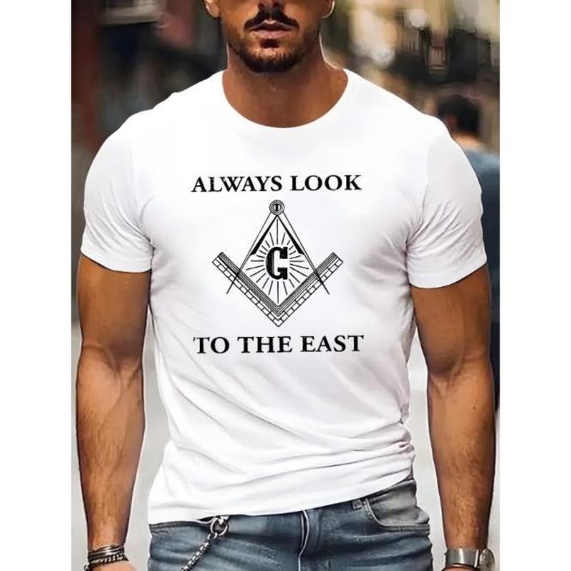Men's Polyester Crew Neck T-Shirt with Masonic Slogan "Always Look to The East" Print