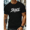 Men's Round Neck Short Sleeve Tee With Simple SAVAGE Word Print, Art Font Style, Trendy Basic Top For Daily And Outdoor...