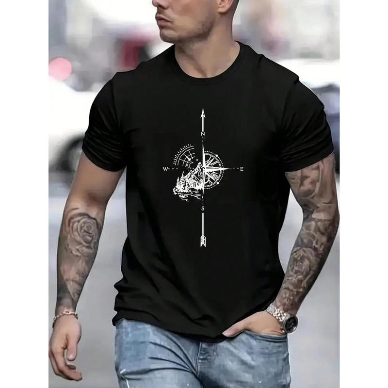 Men's Short Sleeve T-Shirt With Compass And Mountain Print Made in USA Hoodie, Sweatshirt | RetroVerseTees.com