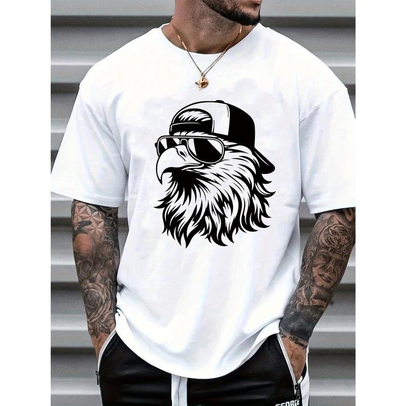 Men's Stylish Eagle Print T-Shirt - Casual Crew Neck, Short Sleeve, Cotton, Machine Washable