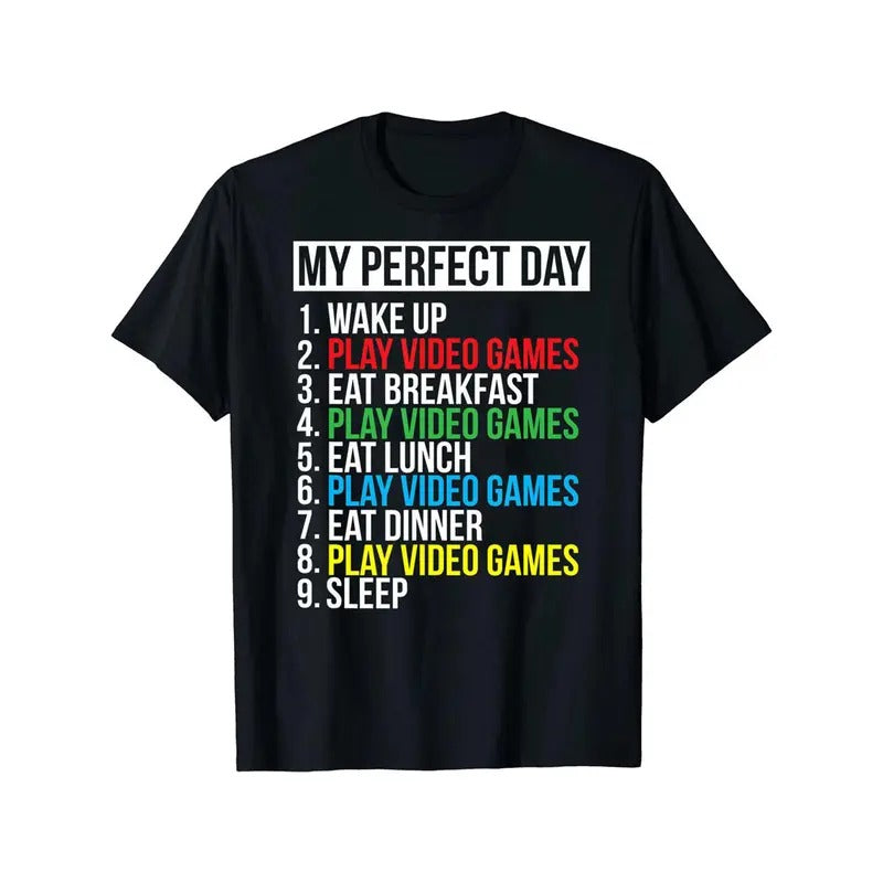 Men's T-shirt, funny "My Perfect Day" print t-shirt, summer, spring fall casual short sleeve t-shirt, top as a gift for...