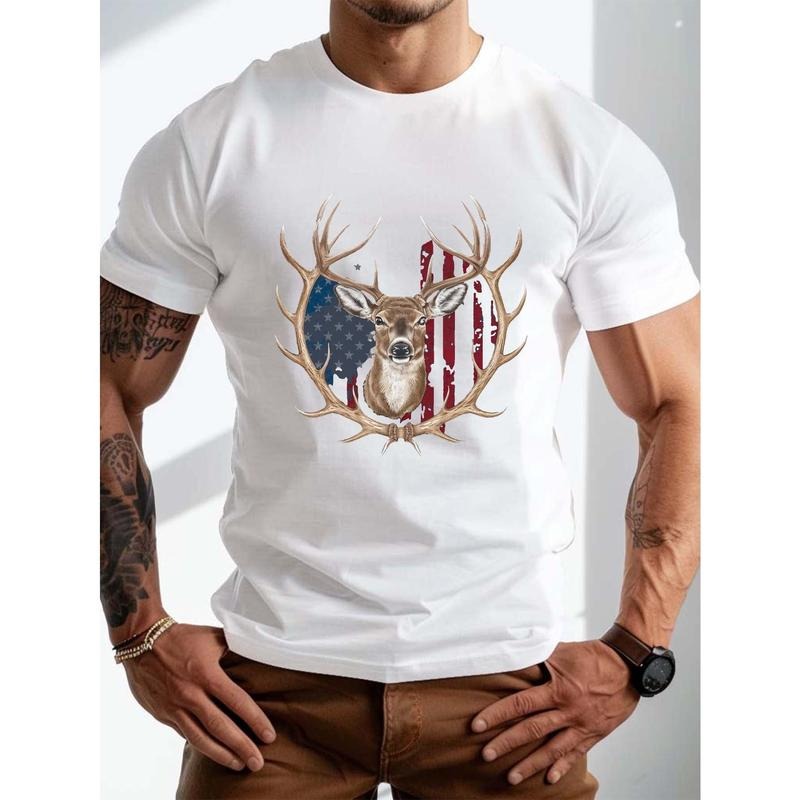 Mens Deer Flag Graphic Print Short Sleeve T-Shirts - Breathable, Soft, Trendy, Casual Summer Tees for Daily Life