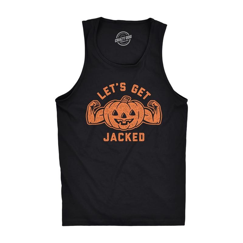 Mens Fitness Tank Let's Get Jacked Tanktop Funny Halloween Pumpkin Jack-o-lantern Shirt Funny Workout Shirt for Men with...