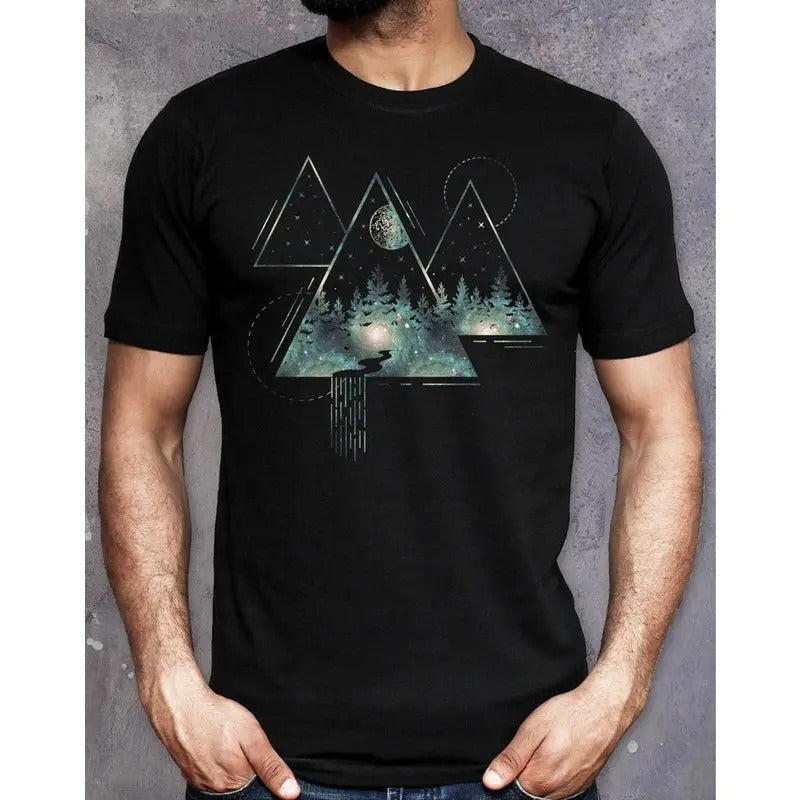 Mens Nature T Shirt Forest Trees Mountain Adventure Tee Hiking Camping Outdoor Travelers Graphic Tees Gift for Nature Travel Lover Boyfriend Made in USA