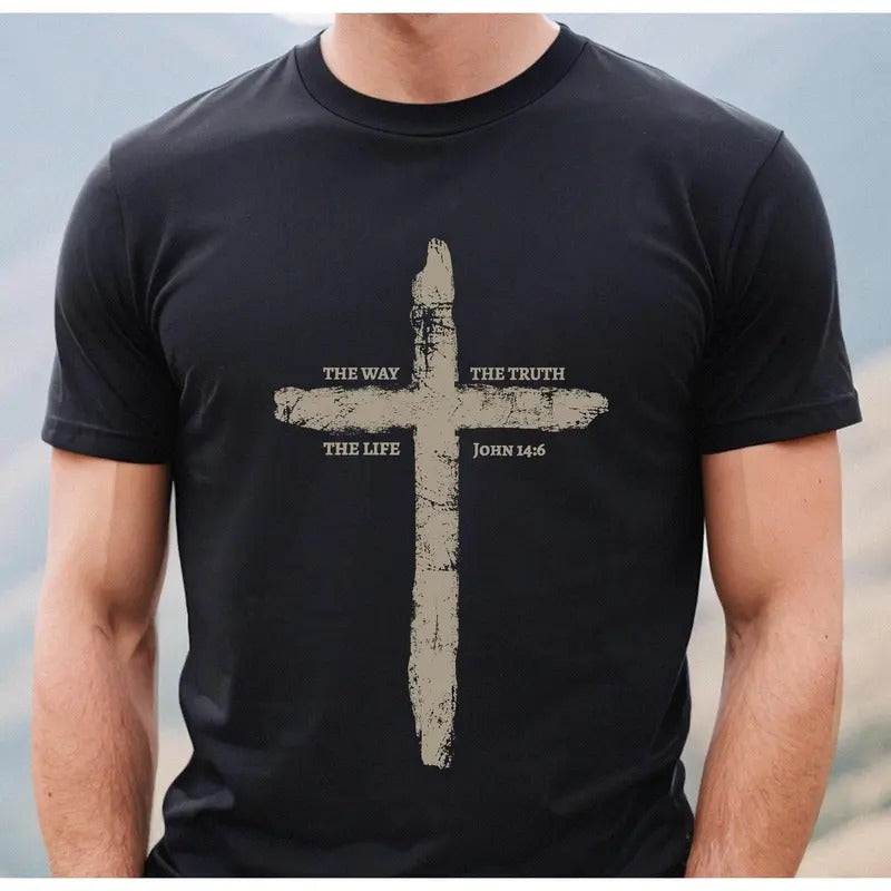 Mens The Way The Truth The Life Cross Tshirt, Christian Dad Fathers Faith Tee Shirt Gift, Rugged Cross Shirt Hoodie,...