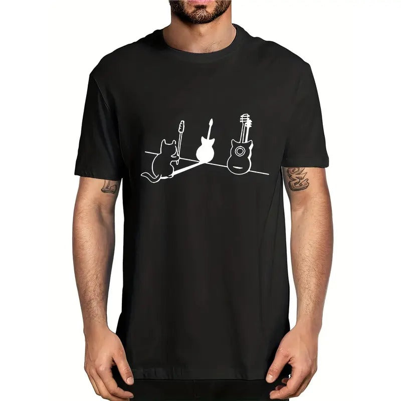 Mens Unique Cat & Guitar Graphic Tee - Breathable, Slightly Stretchy, Casual Summer Outdoor Wear