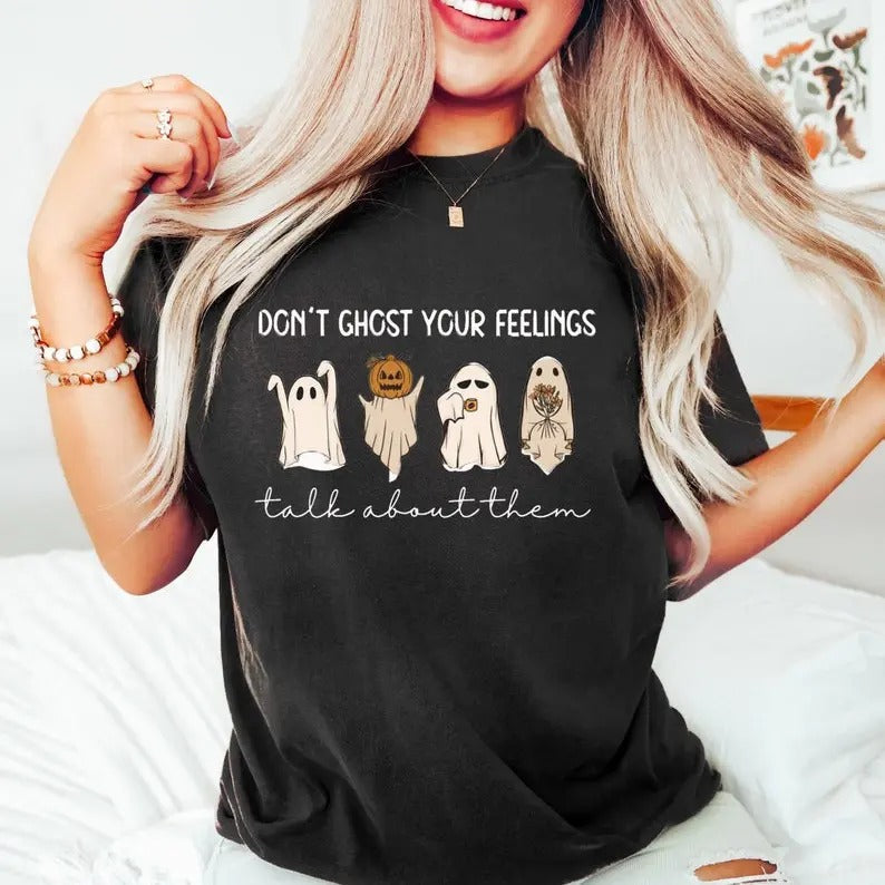 Mental Health Halloween Shirt, Don't Ghost Your Feelings, Halloween School Psychologist Shirt Collar Fabric Hoodie,...