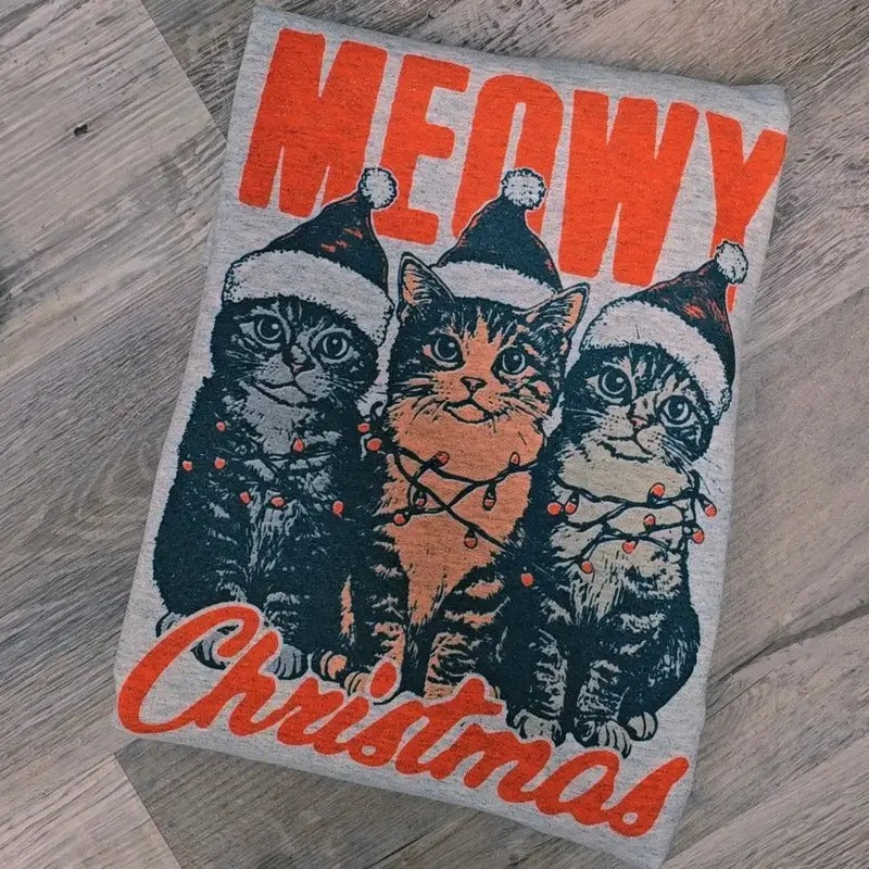 Meowy Christmas Cat Lovers Graphic Tee or Sweatshirt Hoodie | RetroVerseTees.com