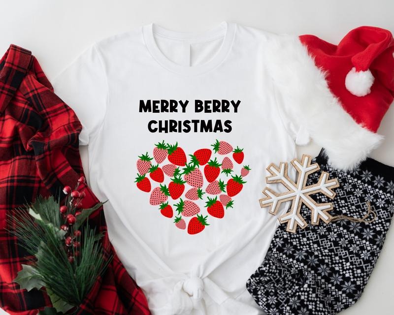 Merry Berry Christmas Shirt, Strawberry Lover Christmas Gift T-Shirt, Cute Holiday Fruit Tee, Strawberries Short Sleeve.