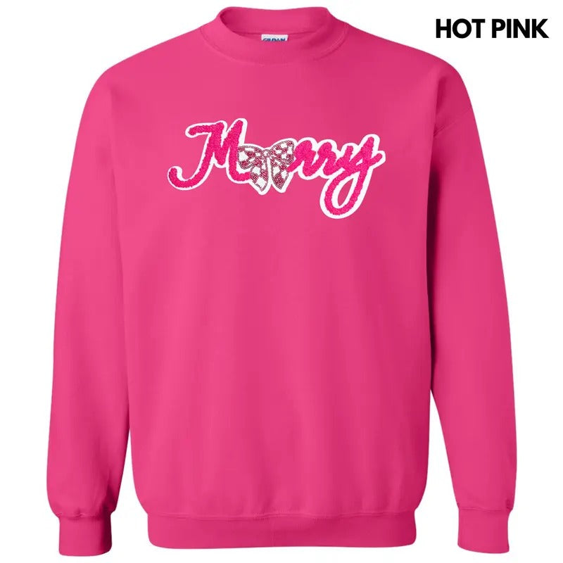 Merry Chenille & Sequin Bow Patch Sweatshirt T-Shirts, Hoodie | RetroVerseTees.com