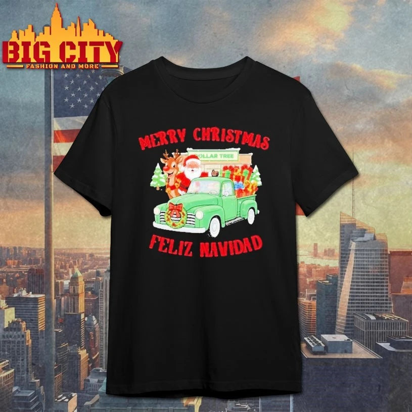 Merry Christmas Feliz Navidad Dollar Tree Vintage Truck Santa Shirt
