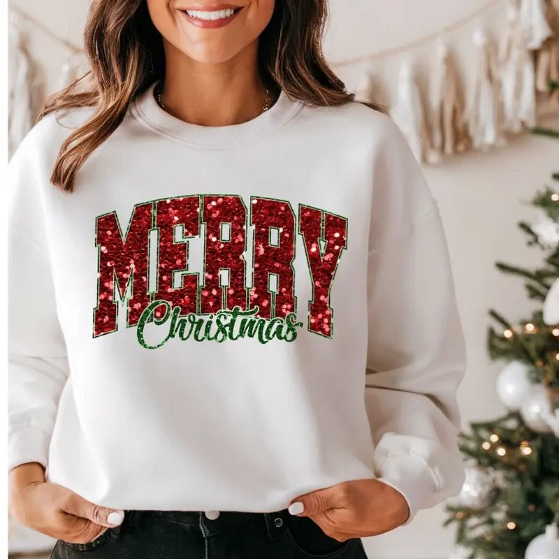 Merry Christmas Glitter Faux Sequin Fleece Crewneck Sweatshirt T-Shirts, Hoodie | RetroVerseTees.com