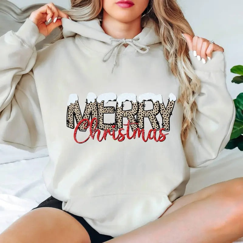 Merry Christmas Hoodie with Cozy Leopard Print Design for Women Gunpla brand Men, Perfect for Festive Holiday...