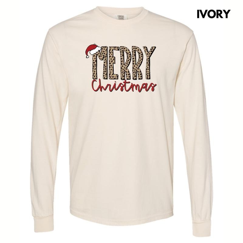 Merry Christmas Leopard Long Sleeve Comfort Colors T-Shirt Hoodie, Sweatshirt | RetroVerseTees.com