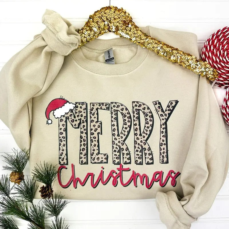 Merry Christmas Leopard Sweatshirt T-Shirts, Hoodie | RetroVerseTees.com