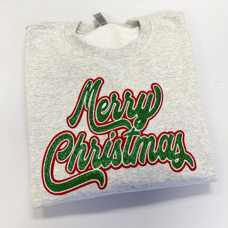 Merry Christmas Sequin Patch Gildan Sweatshirt T-Shirts, Hoodie | RetroVerseTees.com