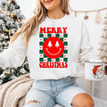 Merry Christmas Smiley Checkered Sweatshirt | Christmas Sweatshirt T-Shirts, Hoodie | RetroVerseTees.com